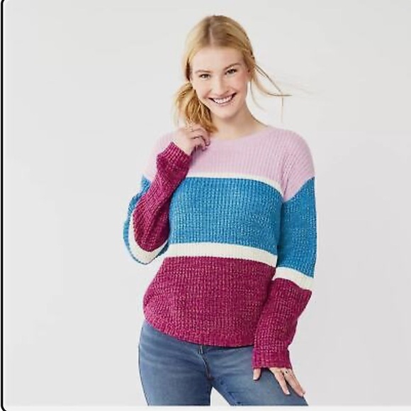 SO Lilac, Blue, Raspberry, White Colorblock Women’s Knit Sweater - Picture 2 of 7